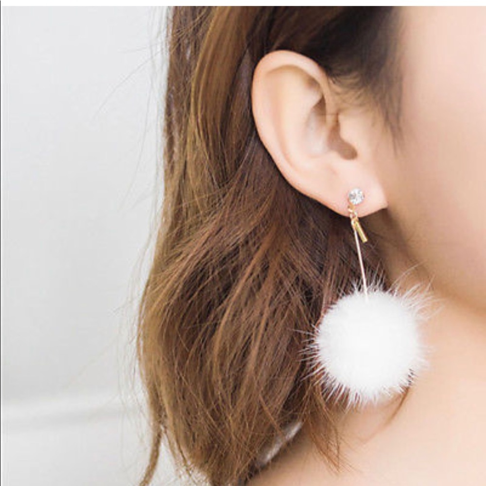 White faux Mink Puffball Drop Earrings